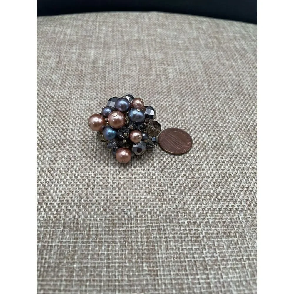 Vintage Beaded Wire Wrapped Pearl Mixed Beaded Cluster Ring Adjustable Sz 7.5